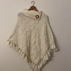 Forever 21 Cream Knit Poncho with Fringe